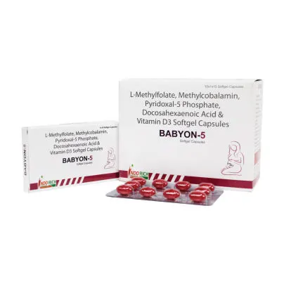 L-METHYLFOLATE CALCIUM 1MG, MECOBALAMIN 15O0MCG, PYRIDOXAI-S PHOSPHATE 0.5MG, DHA 40% 200MG, VITAMIN D3 2000IU (SOFT GELATIN BLISTER ) (BABYON-5)